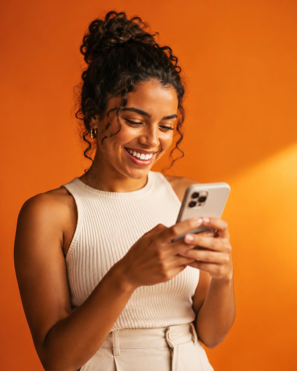 Cliente sorrindo ao receber um aviso do Meu Notificador no celular
