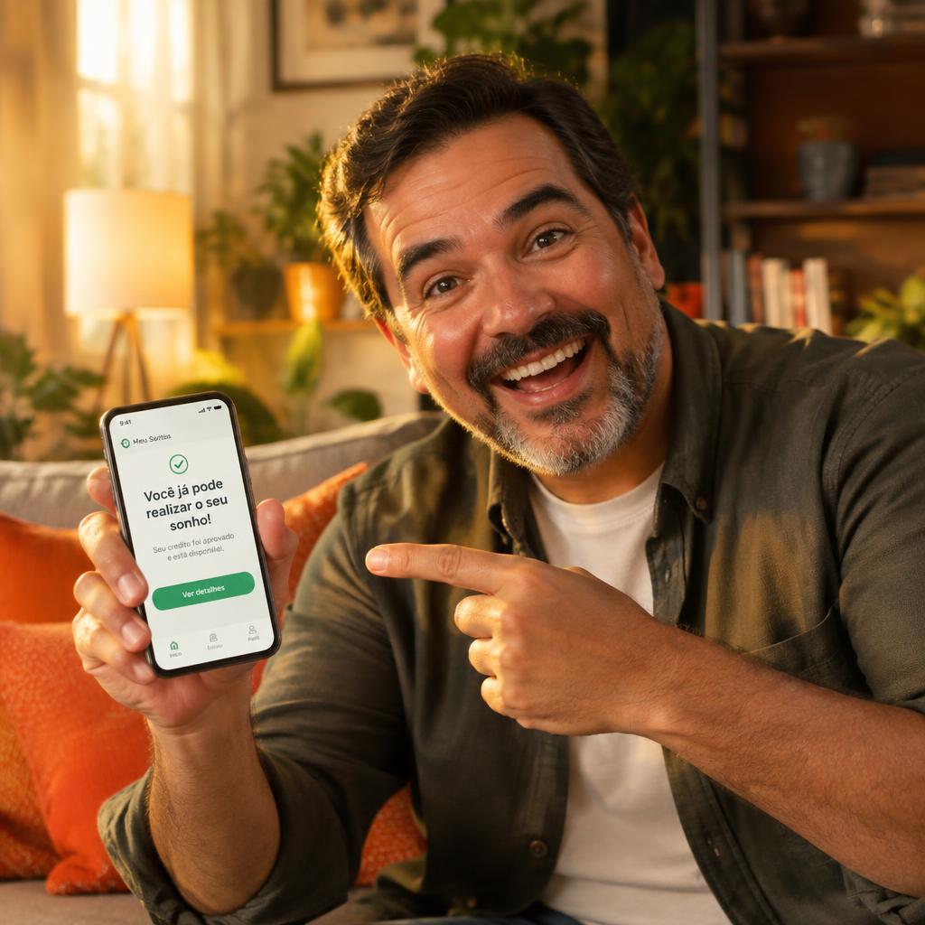 Cliente em casa comemorando uma aprovação no celular