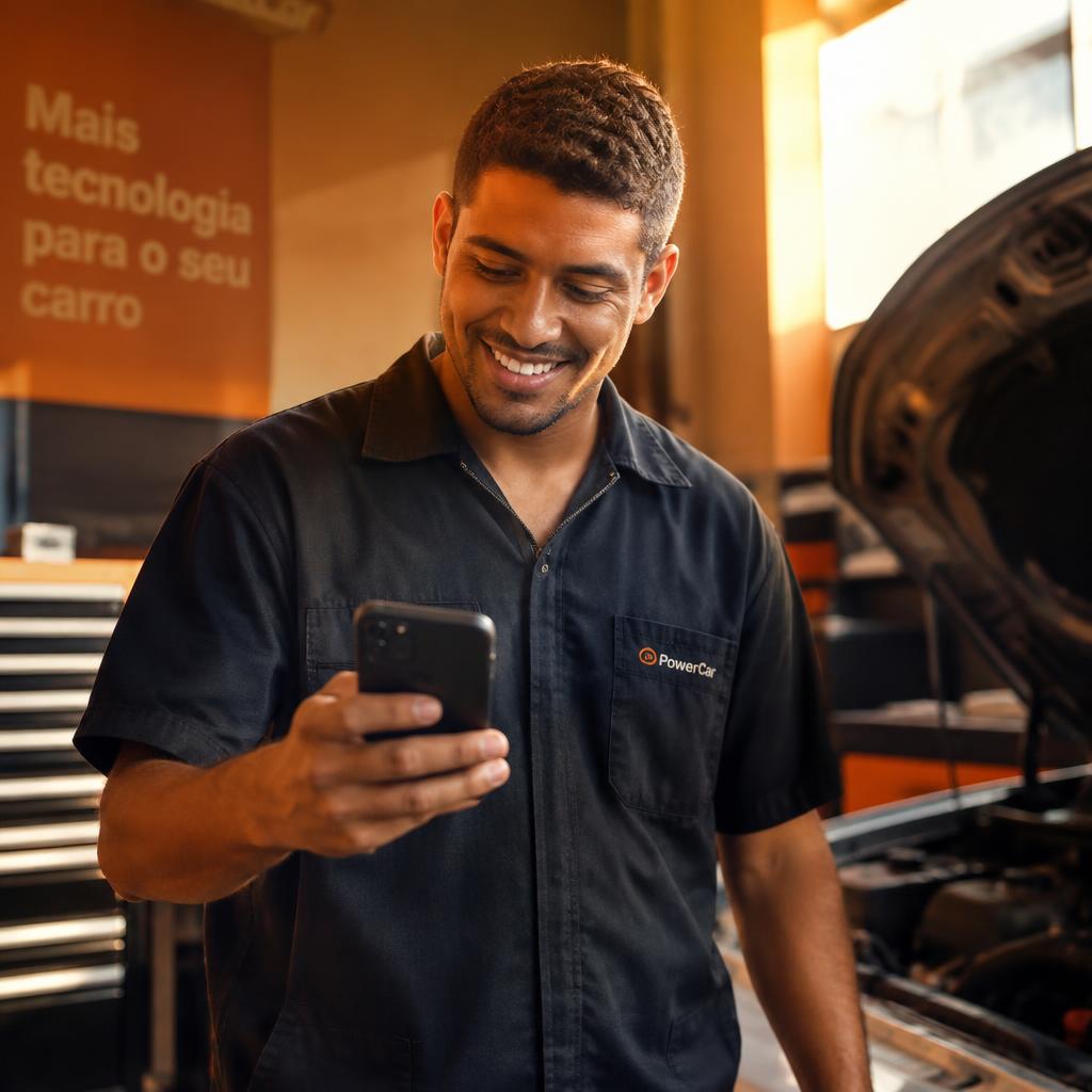 Mecânico sorrindo ao ver o celular na oficina